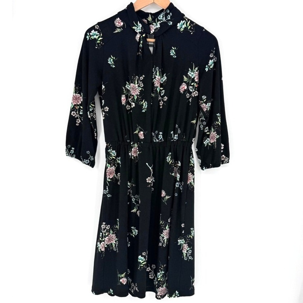HM Black Floral High Tie Neck 3/4 Sleeve Mini Dress XS Dark‎ Floral Romantic